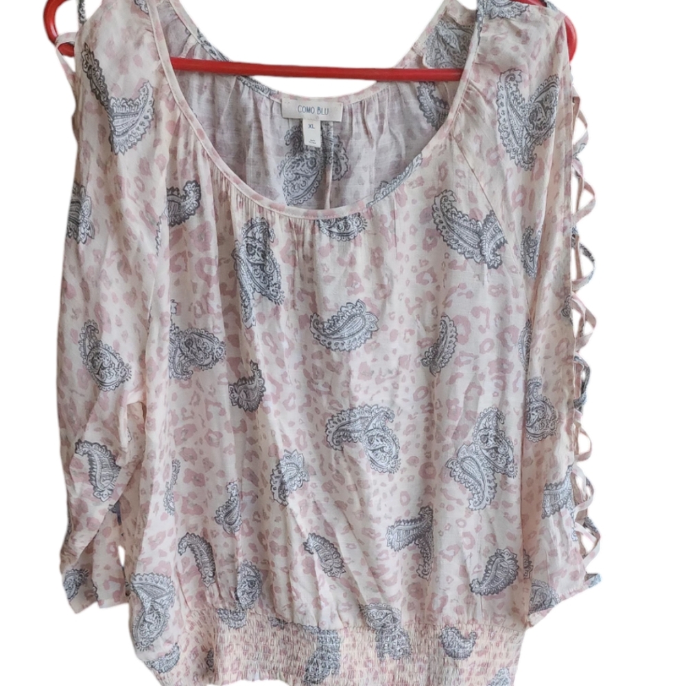 Comp Blu Womens sheer long Sleeve lLoophole Sleeve Blouse Size XL